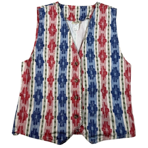Vivaldi Jackets & Blazers - Vintage Western 90s Southwest Aztec Print Cotton Vest Medium Red Blue White USA